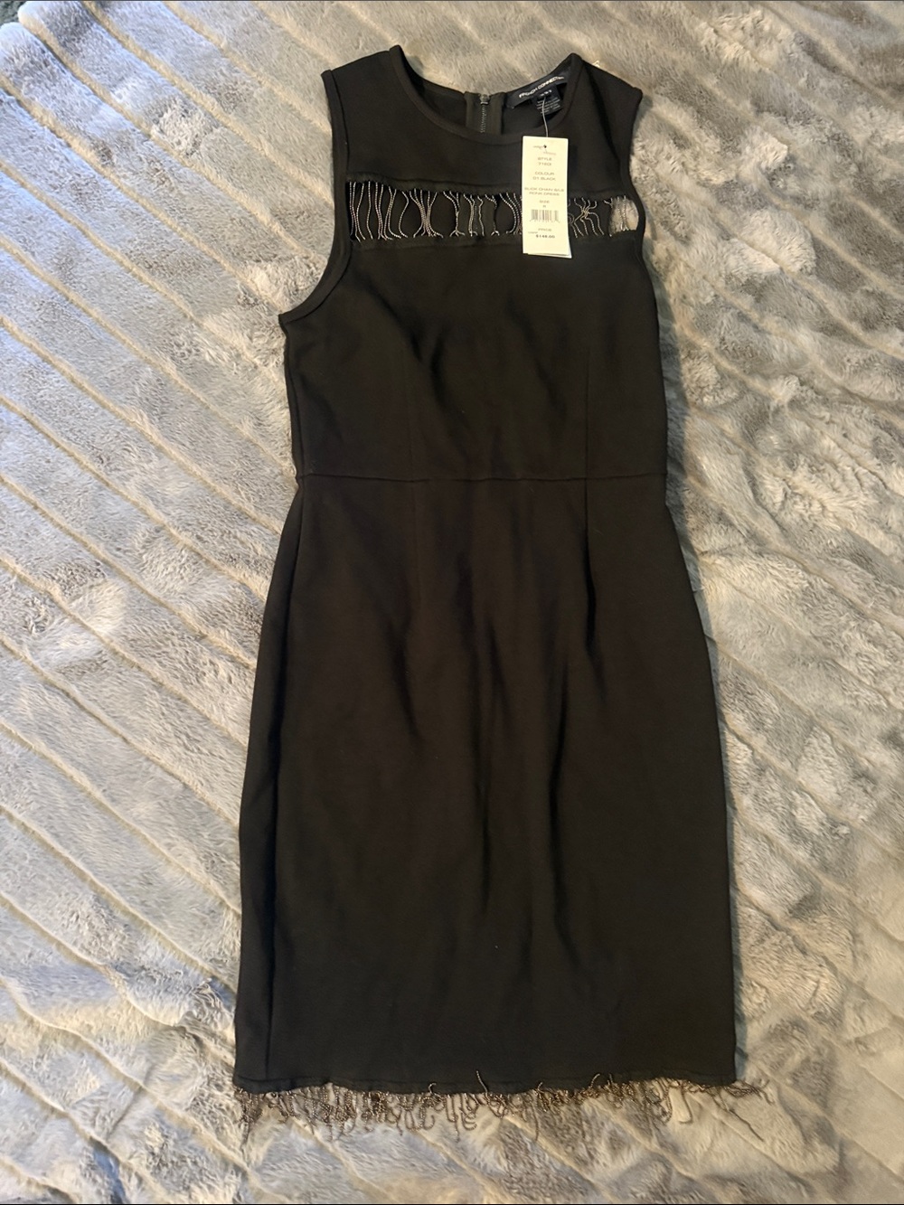 French Connection Black Midi Dress with Fringe Trim